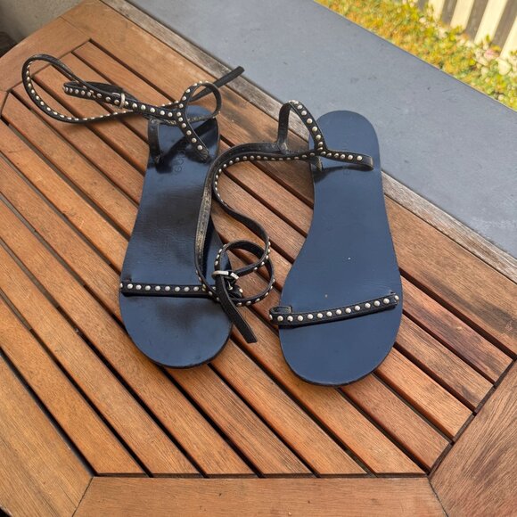 Harolae Black Leather Strappy Sandals With Studded Design & Adjustable Ankle Str - Picture 1 of 5